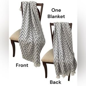 Throw Chevron Gray White Reversible 60” x 43” Fringe Woven Cotton NWOT